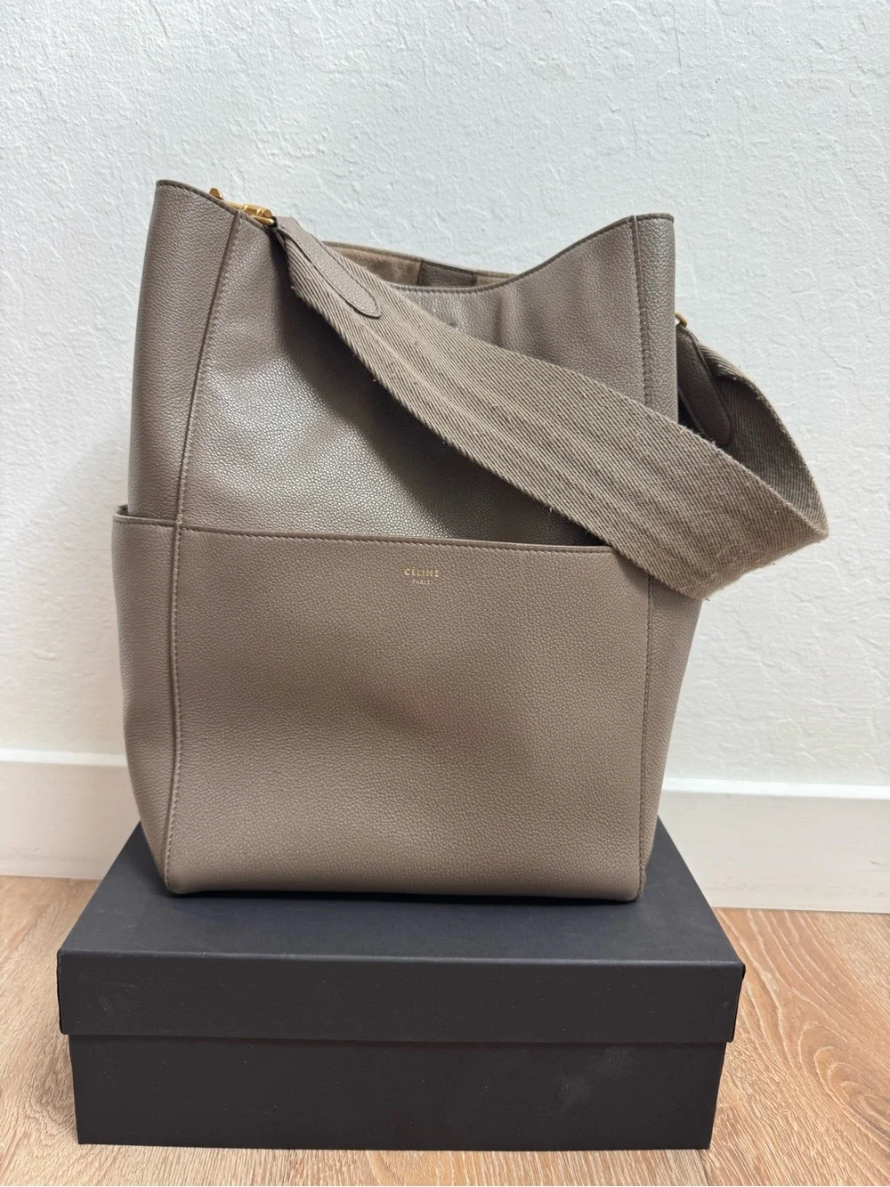 Authentic Celine Medium Sangle Bucket Bag in Grained Calfskin (Taupe)